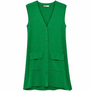 Zara Longline Knit Vest Women Small Kelly Green Scandi Clean Girl Quiet Luxury